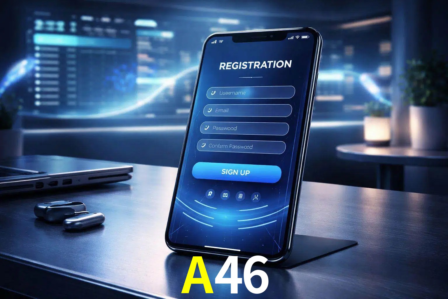 Una interfaz moderna de registro móvil para A46 mostrada en un smartphone con un panel de apuestas elegante.